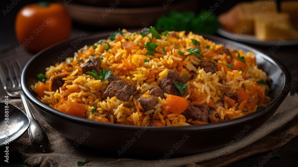 Traditional Uzbek pilaf in plate on table. Generative AI Traditional Uzbek pilaf in plate on table. Generative AI