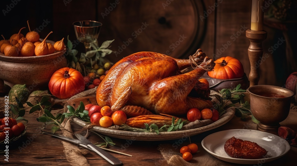 Thanksgiving country dinner with cooked turkey on a table. Generative AI