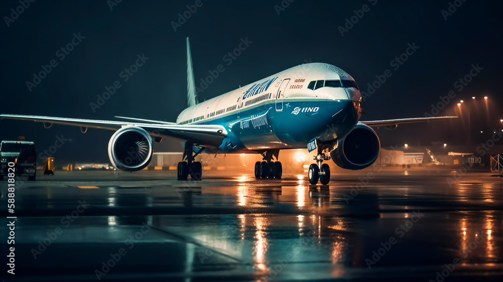 Nighttime Preparations. A Boeing Aircraft Readies for Takeoff. Generative AI Nighttime Preparations. A Boeing Aircraft Readies for Takeoff. Generative AI