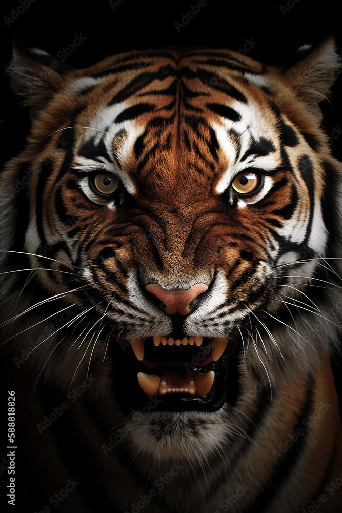 Fototapeta premium Close up portrait of an angry roaring bengal tiger isolated on black background. Generative Ai