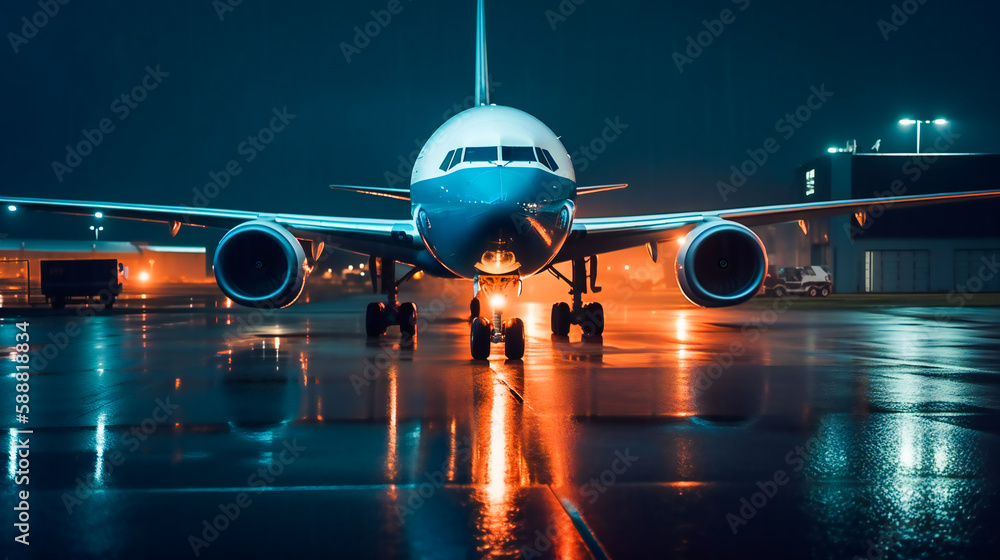 Fototapeta premium Nighttime Preparations. A Boeing Aircraft Readies for Takeoff. Generative AI