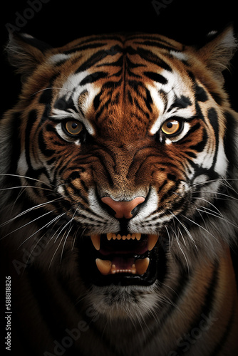 Close up portrait of an angry roaring bengal tiger isolated on black background. Generative Ai © Zenturio Designs