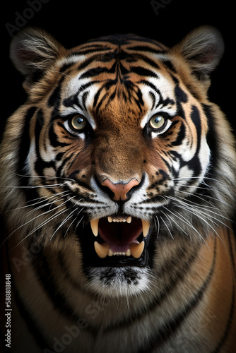 Close up portrait of an angry roaring bengal tiger isolated on black background. Generative Ai