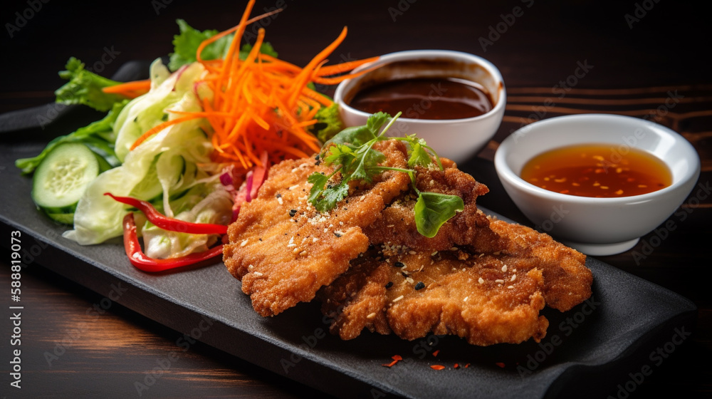 fried meat with vegetables and herbs sauce. Generative AI fried meat with vegetables and herbs sauce. Generative AI