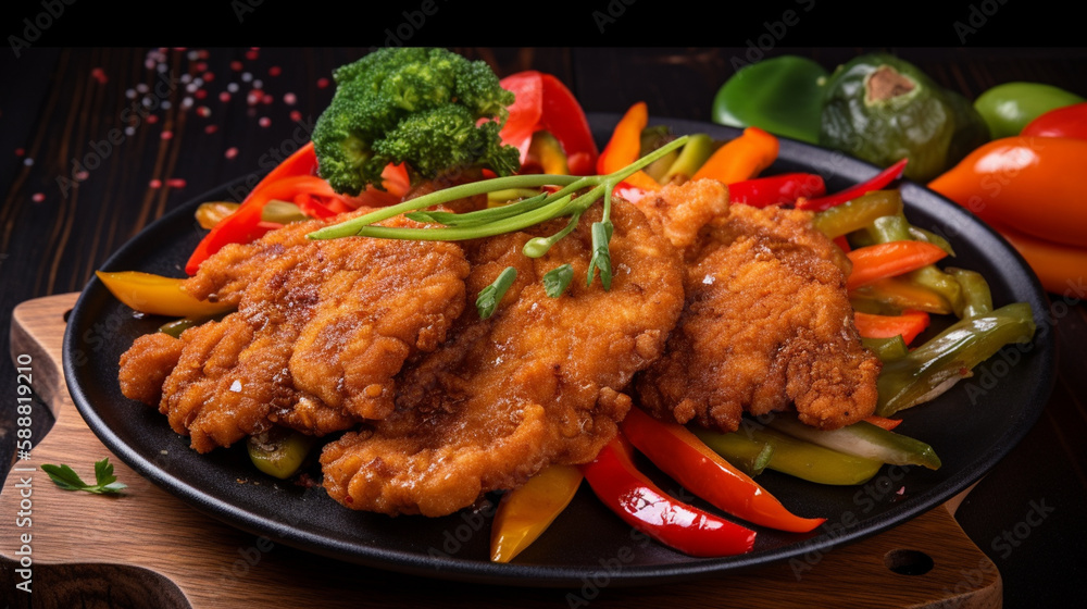 Fototapeta premium fried meat with vegetables and herbs sauce. Generative AI