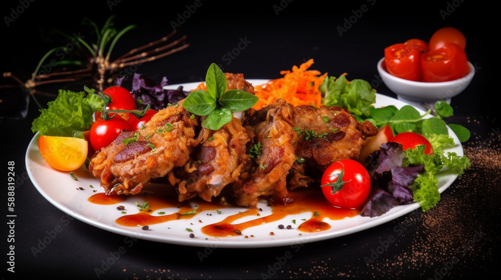 fried meat with vegetables and herbs sauce. Generative AI fried meat with vegetables and herbs sauce. Generative AI