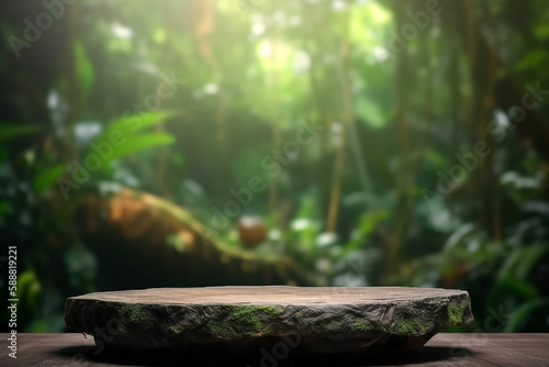 Mesa de pedra vazia para exibição de publicidade de produtos em fundo de desfoque de selva verde fresca. Admirável