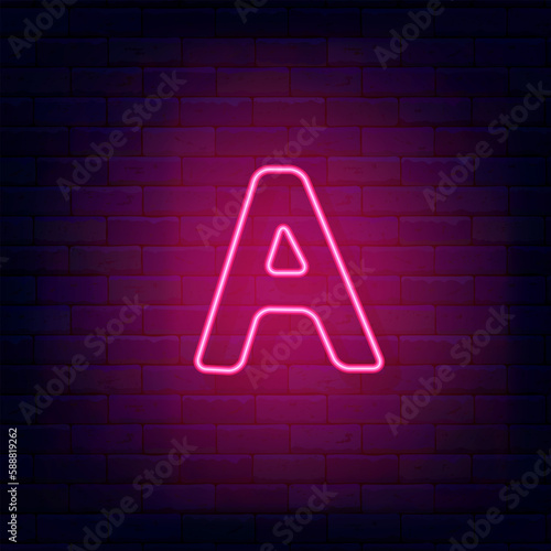 Neon letter A on brick wall. Shiny pink logotype. Simple shape. Glowing banner. Vector stock illustration