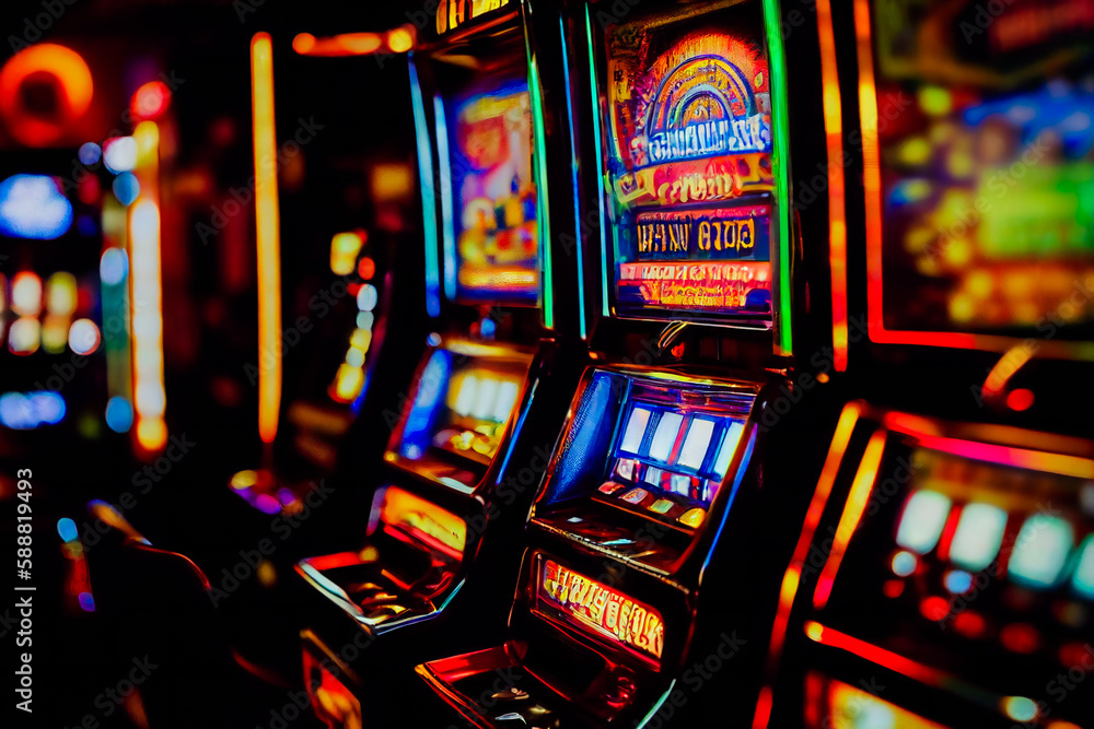 Entertainment area illuminated with casino machines at night. Generative AI Entertainment area illuminated with casino machines at night. Generative AI