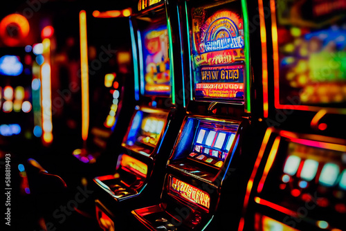 Entertainment area illuminated with casino machines at night. Generative AI
