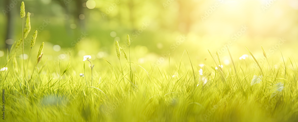 Bokeh Of Light, Green Grass And Trees. Sun Rays. . Summer Or Spring Season Bokeh Of Light, Green Grass And Trees. Sun Rays. . Summer Or Spring Season