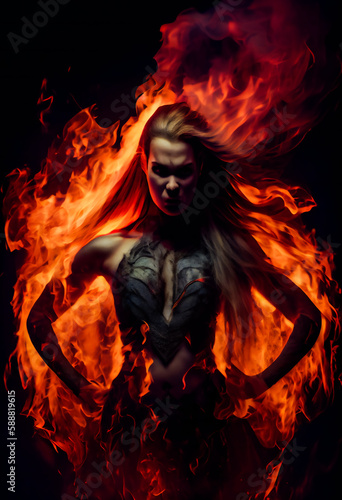 Fiery girl. Woman in flames and fire. Generative AI.