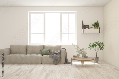 White modern interior design with sofa. Scandinavian interior design. 3D illustration