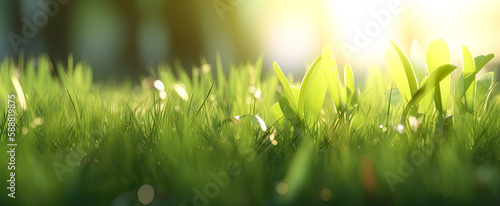 Fresh green grass background in sunny summer day in park