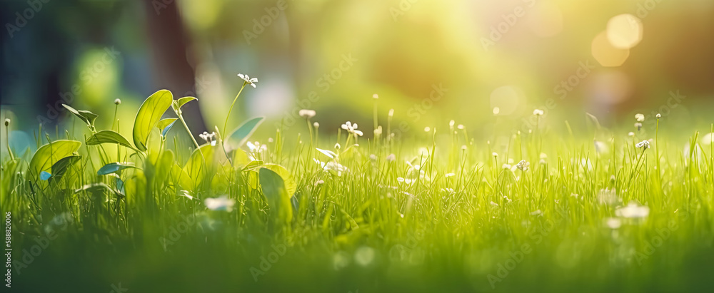 A fresh spring sunny garden background of green grass - obrazy, fototapety, plakaty 