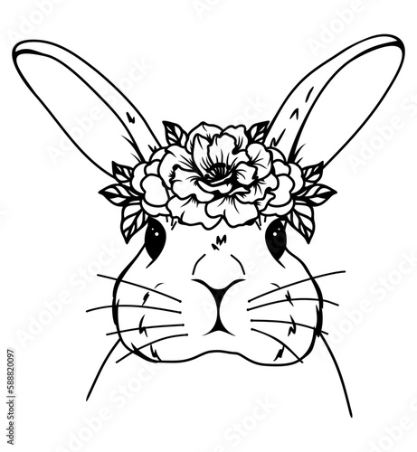 Cute bunny face with flowers crown on head, easter vecor illustration. Cute pet