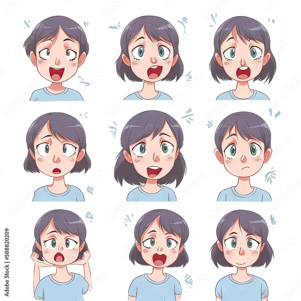 Friendly girl with a necklace and a bracelet - Multiple Expressions Same Characters Friendly girl with a necklace and a bracelet - Multiple Expressions Same Characters