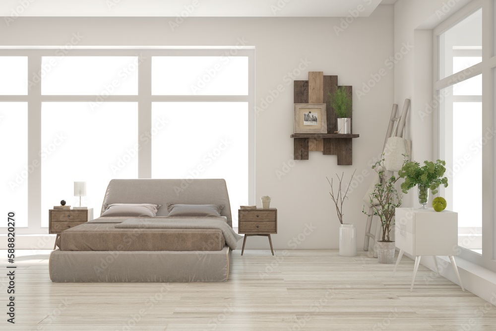 Fototapeta premium White bedroom concept. Scandinavian interior design. 3D illustration