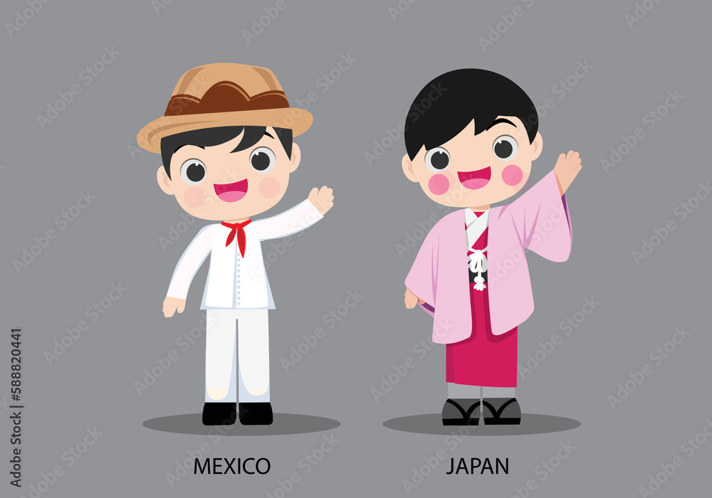 Mexico and Japan international characters in traditional costume vector Mexico and Japan international characters in traditional costume vector