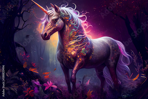 Majestic Unicorn in a Dreamy Forest. Generative AI