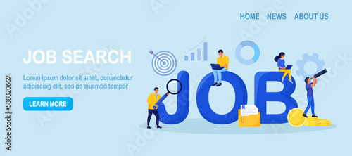 Employees looking for job. Unemployed people using magnifying glass, binoculars searching vacancy, job opportunities.  Unemployment. Career, find opportunity, work position. Online recruitment service
