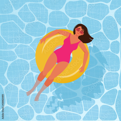 Woman in a swimsuit on an inflatable circle in the pool. Vector illustration in flat style