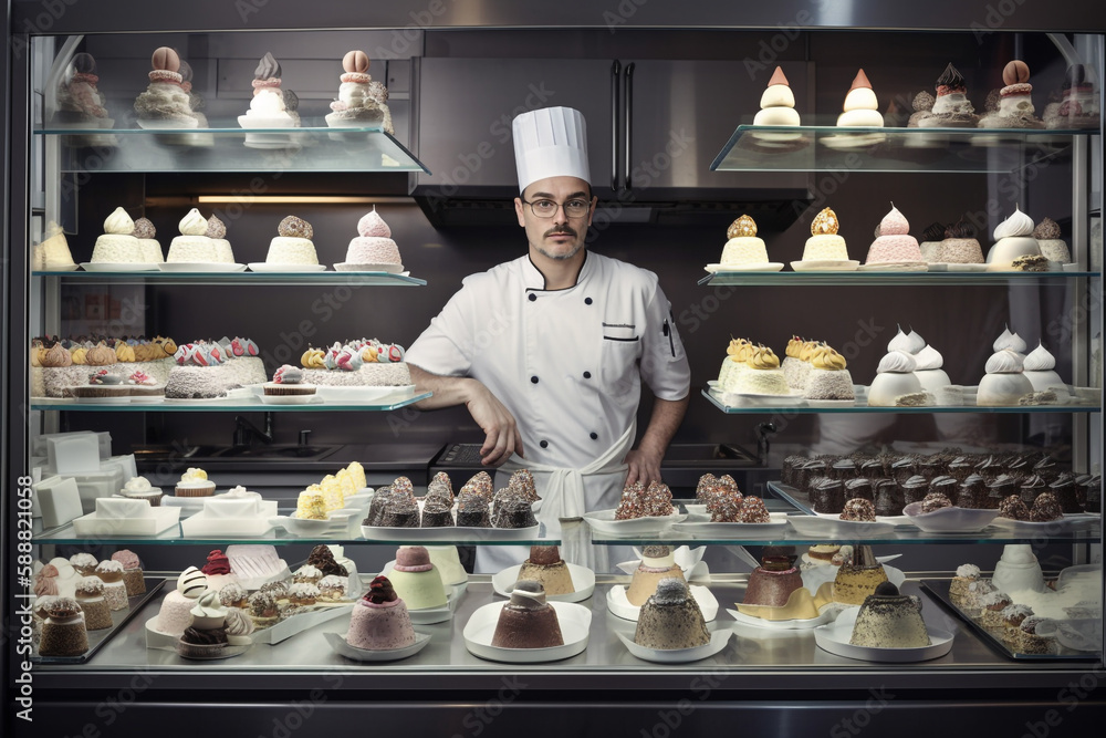 Seller confectioner standing in front of a showcase counter with his products ice cream, cakes and sweets. Generative AI