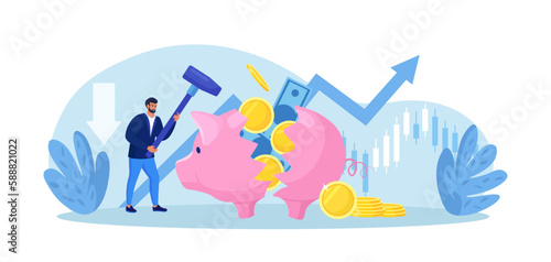 Businessman breaking piggy bank with hammer. Financial crisis, Bankruptcy, investment failure. Depressed poor man in need of money. Frustrated desperate business person near broken money box