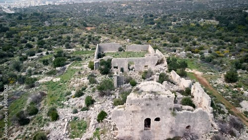 Flying Over Ruins Of Church Of The Holy Tomb at Korykos Antique City, Erdemli, Mersin, Turkey photo