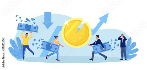 Inflation and deflation. Profit and loss in business. Lose money in financial crisis. Businessman holding big money banknote while reduce in value. Rising food cost and grocery prices