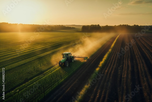 View of Tractor Spraying Pesticides on Soybean Fields.  Generative AI