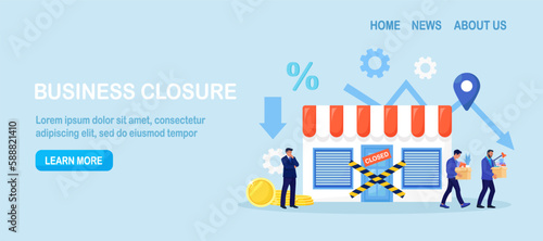Business bankruptcy. Financial crisis. Global economic crash. Stopping commerce activity. Business people upset about recession, economy problems. Employees dismissed from job, holding boxes of things
