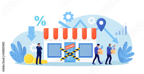 Business bankruptcy. Financial crisis. Global economic crash. Stopping commerce activity. Business people upset about recession, economy problems. Employees dismissed from job, holding boxes of things