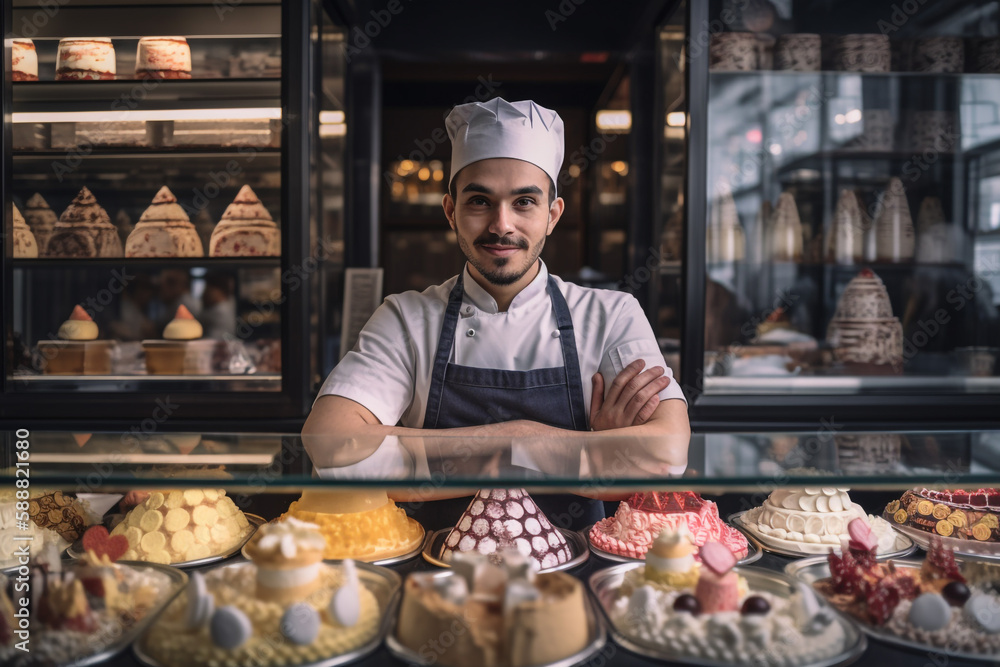 Seller confectioner standing in front of a showcase counter with his products ice cream, cakes and sweets. Generative AI