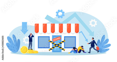 Businessman has become bankrupt and closed business. Financial crisis. Global economic crash. Stopping commerce activity. Business people upset about recession  economy problems. Store shop is closed