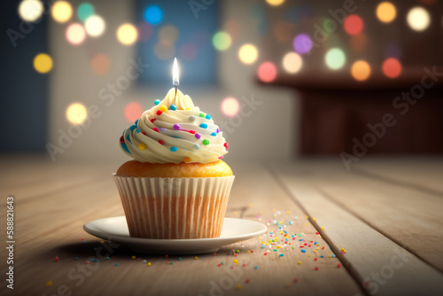 Sweet and Tempting Birthday Cupcake with Glowing Candle on Light Background . Generative AI