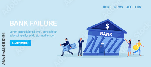 Banking bankruptcy. Stock market crash. Credit risk or investment failure. Frustrated business people look at collapsing bank building. Financial crisis. Economic downturn. Global money loss problem