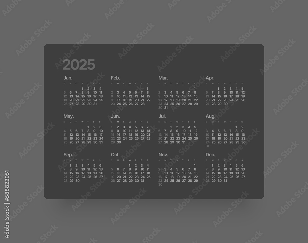 Annual calendar template for 2025 year. Week Starts on Sunday. Business