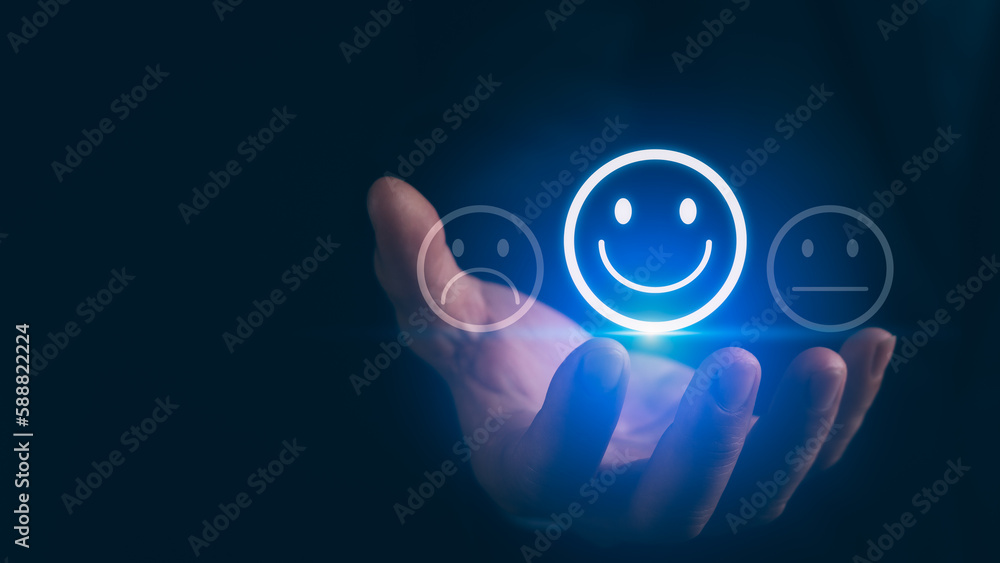 custom made wallpaper toronto digitalconcept of satisfaction and customer service, positive reviews or suggestion, hand showing smiley face icon Show quality assessment feedback Highest satisfaction from receiving good service