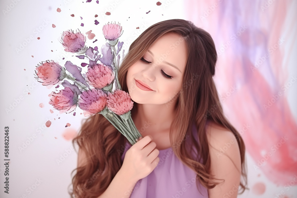 Fototapeta premium Cartão do Dia das Mães com lindas ilustrações em aquarela da moda de mãe e filha, buquê de flores da primavera