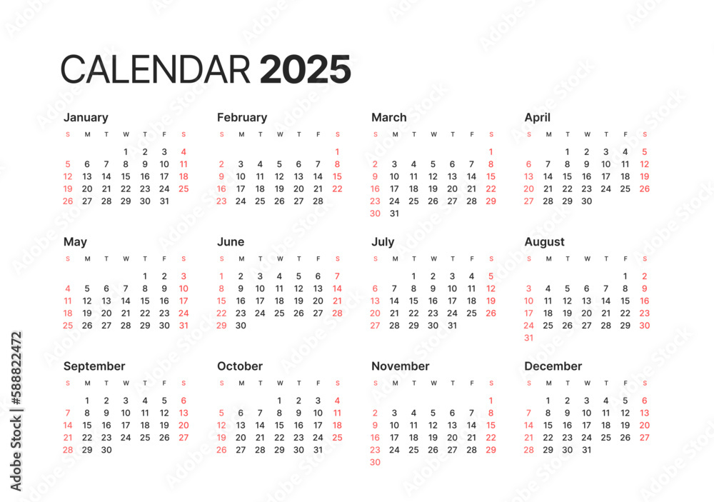 Annual calendar template for 2025 year. Week Starts on Sunday. Business calendar in a minimalist style for 2025 year.