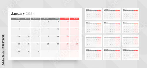 Monthly calendar template for 2024 year. Wall calendar grid in a minimalist style. Week Starts on Monday. Planner for 2024 year.