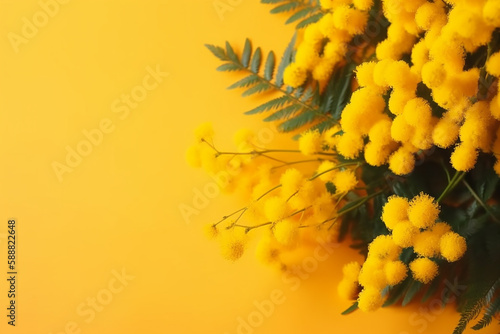 Flores frescas de mimosa em fundo amarelo, espaço para cópia, fundo do dia 8 de março, mimose é tradicional © Alexandre
