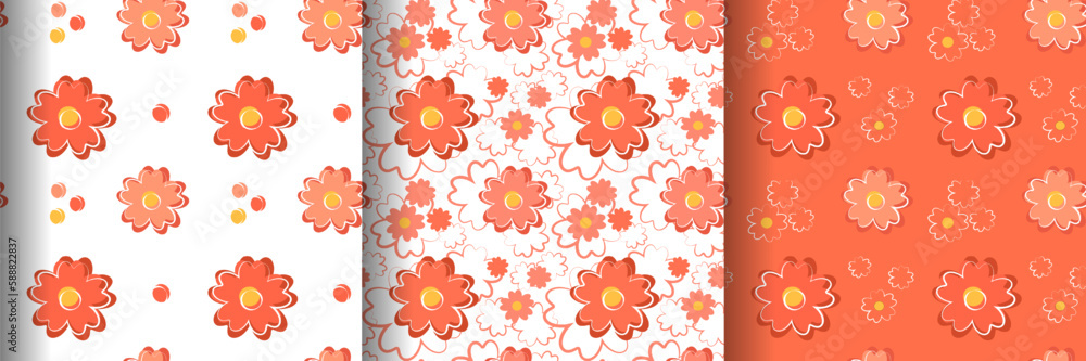 Set of seamless floral patterns with cute red flowers on white and red ...