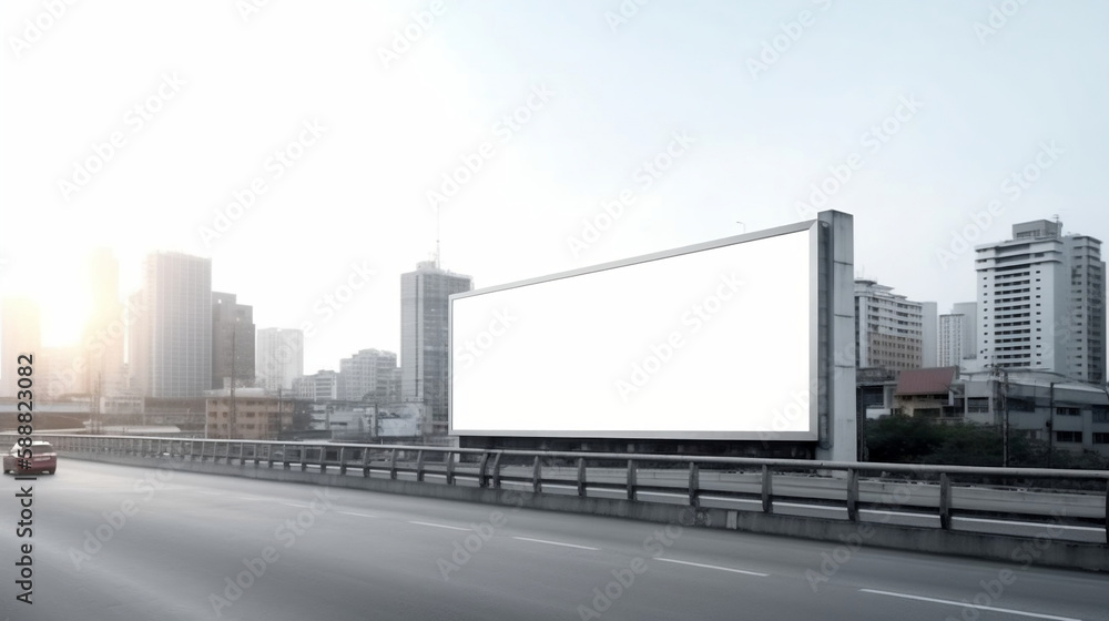 Blank billboard mockup on side of highway. Minimalist setup for marketing. Horizontal template for designs, text, photo, or advertisement. Created with generative AI tools.