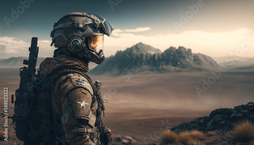 A soldier in full battle gear standing on top of mountain, Generative AI