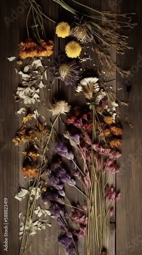 Dried flowers placed on wooden table. Rustic image with vintage aesthetic. For websites, marketing, mobile wallpaper. Portrait orientation. Created with generative AI tools.