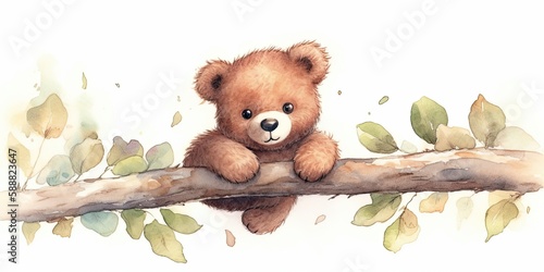 Fotografie, Obraz Whimsical watercolor playful baby  bear cub generative AI art