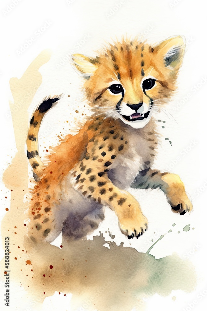 Fototapeta premium Whimsical watercolor playful baby cheetah generative AI art