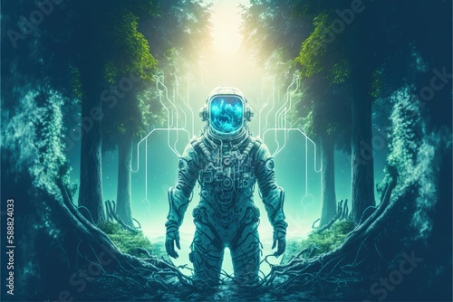 The astronaut explores alien life on a distant planet, with strange creatures and plants. Fantasy concept , Illustration painting. Generative AI